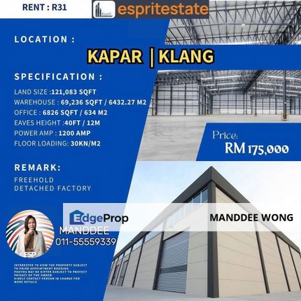 RENT/KAPAR/121,083SQF/RM175,000, Selangor, Klang