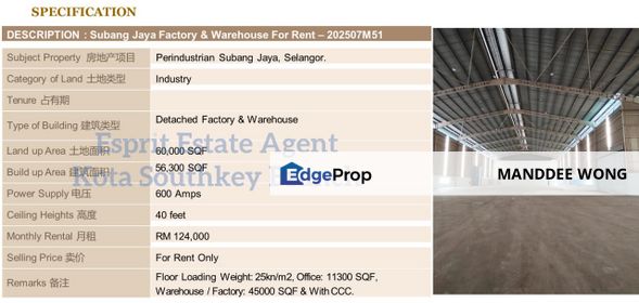 RENT/SUBANG/60,000SQF/RM124,000, Selangor, Subang Jaya