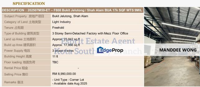 SALE/BUKIT JELUTONG/23,842SQF/RM8,990.000MIL, Selangor, Shah Alam