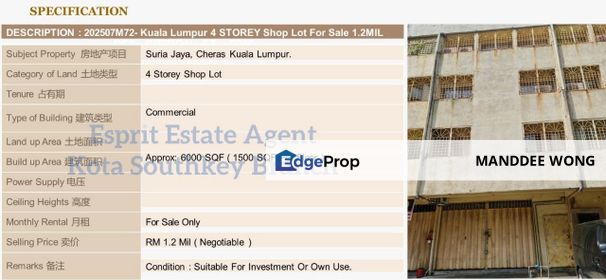 SALE/KL/RM1.2MIL, Selangor, Cheras South