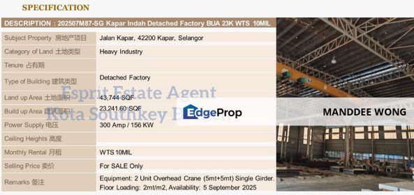 SALE/KAPAR/43,744SQF/RM10MIL, Selangor, Klang