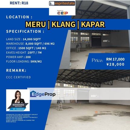 WTR/WAREHOUSE/8,000 SQFT/17,000/MERU/KAPAR/KLANG, Selangor, Klang