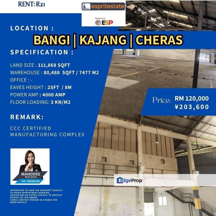 WTR/WAREHOUSE/80,488 SQFT/120,000/BANGI/KAJANG/CHERAS, Selangor, Bangi