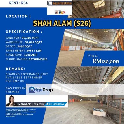 WTR/WAREHOUSE/51,840 SQFT/120K/SEKSYEN 26/SHAH ALAM, Selangor, Shah Alam