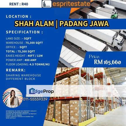 WTR/WAREHOUSE/LOGISTIC/75,300 SQFT/165,660/PADANG JAWA/SHAH ALAM, Selangor, Shah Alam