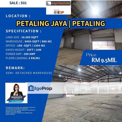 WTS/SEMI DETACHED WAREHOUSE/9450 SQFT/9.5 MIL/PETALING JAYA, Selangor, Petaling Jaya