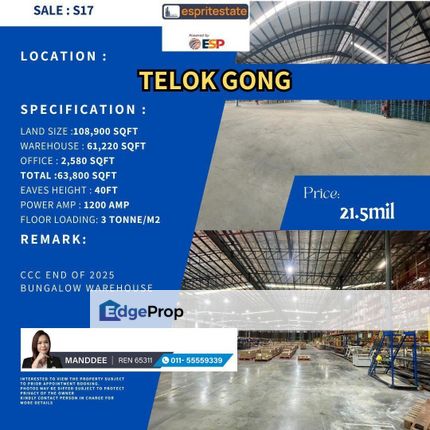 WTS/BUNGALOW WAREHOUSE/63,800 SQFT/21.5 MIL/TELOK GONG, Selangor, Port Klang