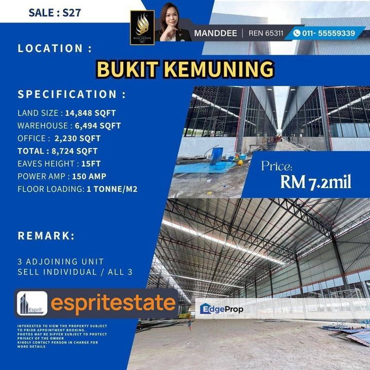 WTS/WAREHOUSE/FACTORY/6494 SQFT/7.2 MIL/BUKIT KEMUNING/SHAH ALAM, Selangor, Shah Alam