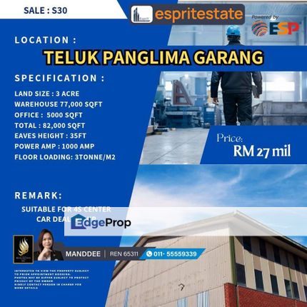 WTS/WAREHOUSE/FACTORY/77K SQFT/27MIL/TELUK PANGLIMA GARANG, Selangor, Klang