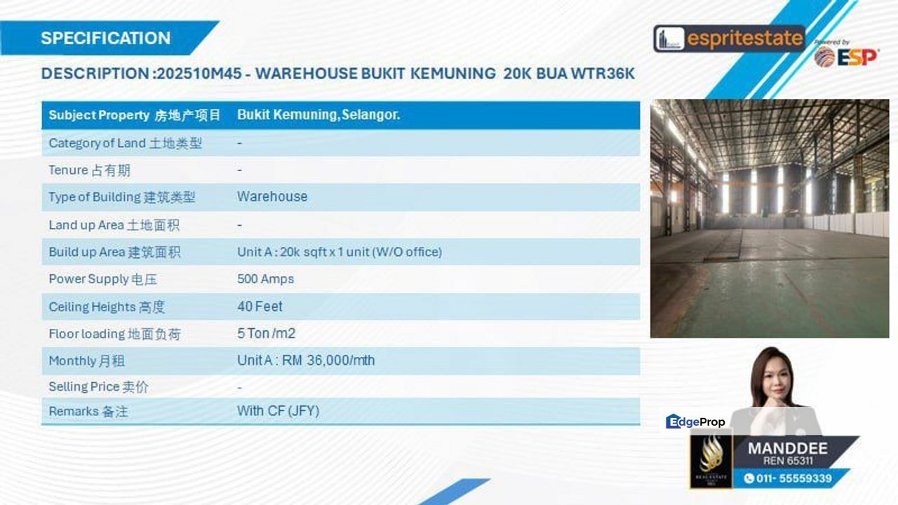 WTR/WAREHOUSE/20K SQFT/36K/BUKIT KEMUNING/SHAH ALAM, Selangor, Shah Alam