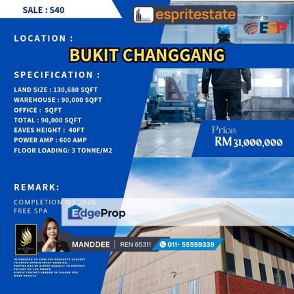 WTS/WAREHOUSE/FACTORY/90K SQFT/31 MIL/BUKIT CHANGGANG/BANTING, Selangor, Banting