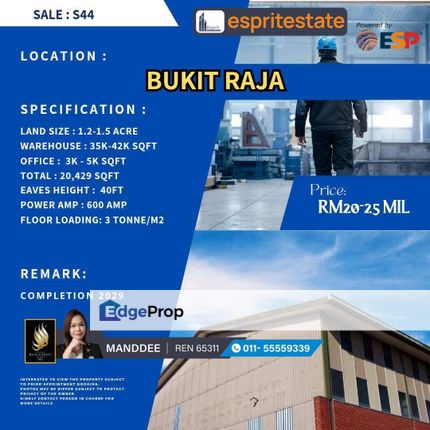 WTS/WAREHOUSE/FACTORY/35K-42K SQFT/20-25 MIL/BUKIT RAJA/KLANG, Selangor, Klang