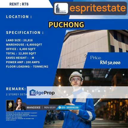 WTR/WAREHOUSE/FACTORY/6400 SQFT/50K/PUCHONG, Selangor, Puchong
