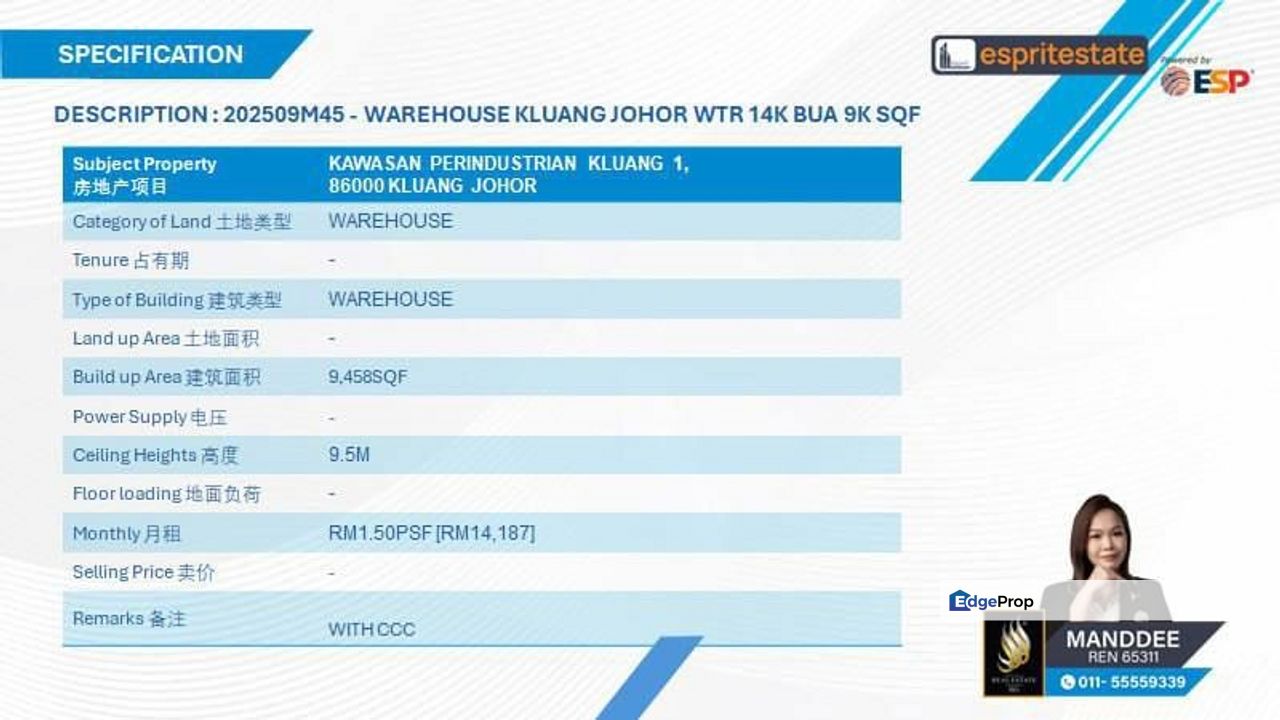 WTR/WAREHOUSE/9,458 SQFT/14,187/PERINDUSTRIAN KLUANG 1/JOHOR, Johor, Kluang