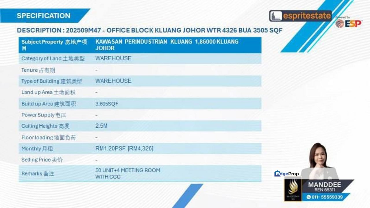 WTR/WAREHOUSE/3,505 SQFT/4,326/KLUANG 1/JOHOR, Johor, Kluang