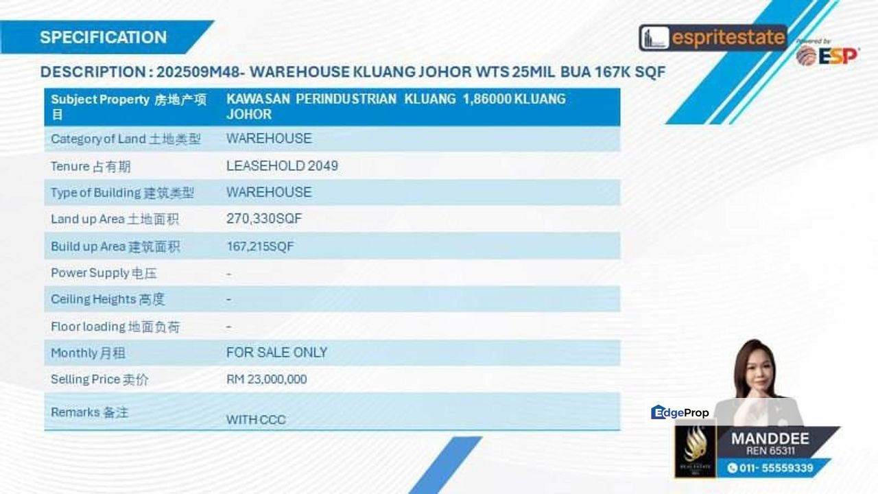 WTS/WAREHOUSE/167,215 SQFT/23 MIL/KLUANG 1/JOHOR, Johor, Kluang