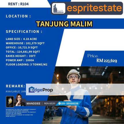 WTR/WAREHOUSE/FACTORY/102,379 SQFT/233,629/TANJUNG MALIM/PERAK, Perak, Tanjung Malim