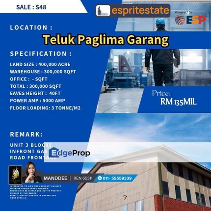 WTS/WAREHOUSE/FACTORY/300K SQFT/135 MIL/TELUK PANGLIMA GARANG/KLANG, Selangor, Klang