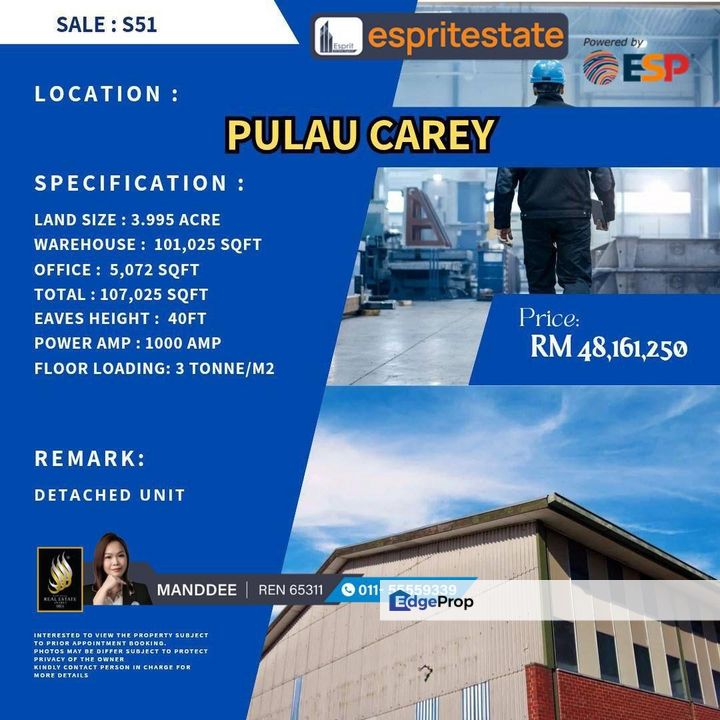 WTS/DETACHED WAREHOUSE/FACTORY/101,025 SQFT/48.2 MIL/PULAU CAREY/KLANG, Selangor, Klang