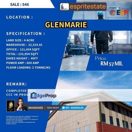 WTS/WAREHOUSE/FACTORY/22,519 SQFT/57MIL/GLENMARIE/SHAH ALAM, Selangor, Shah Alam