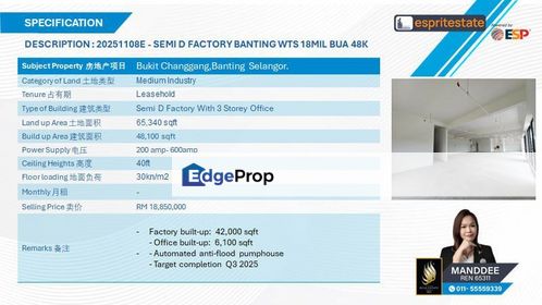 WTS/SEMI-D FACTORY/3 STOREY OFFICE/48,100 SQFT/18,850,000/BANTING, Selangor, Banting