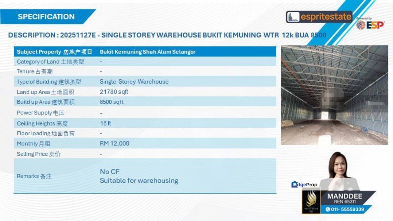 WTR/WAREHOUSE/8,500 SQFT/12K/BUKIT KEMUNING/SHAH ALAM, Selangor, Shah Alam