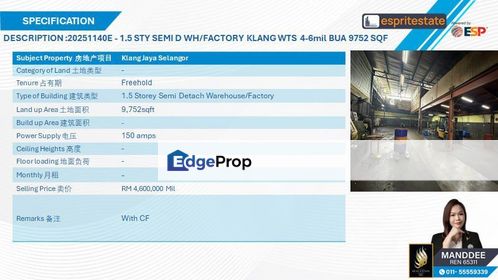WTS/1.5 STOREY SEMI-D FACTORY/WAREHOUSE/9,752 SQFT/4.6MIL/KLANG JAYA, Selangor, Klang