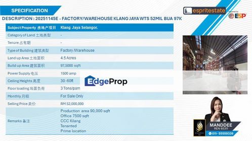 WTS/MEGA FACTORY/WAREHOUSE/97,500 SQFT/52MIL/KLANG JAYA, Selangor, Klang