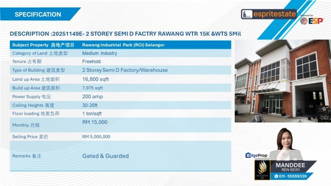 WTR/2 STOREY SEMI-D FACTORY/WAREHOUSE/7,975 SQFT/15K/RAWANG, Selangor, Rawang