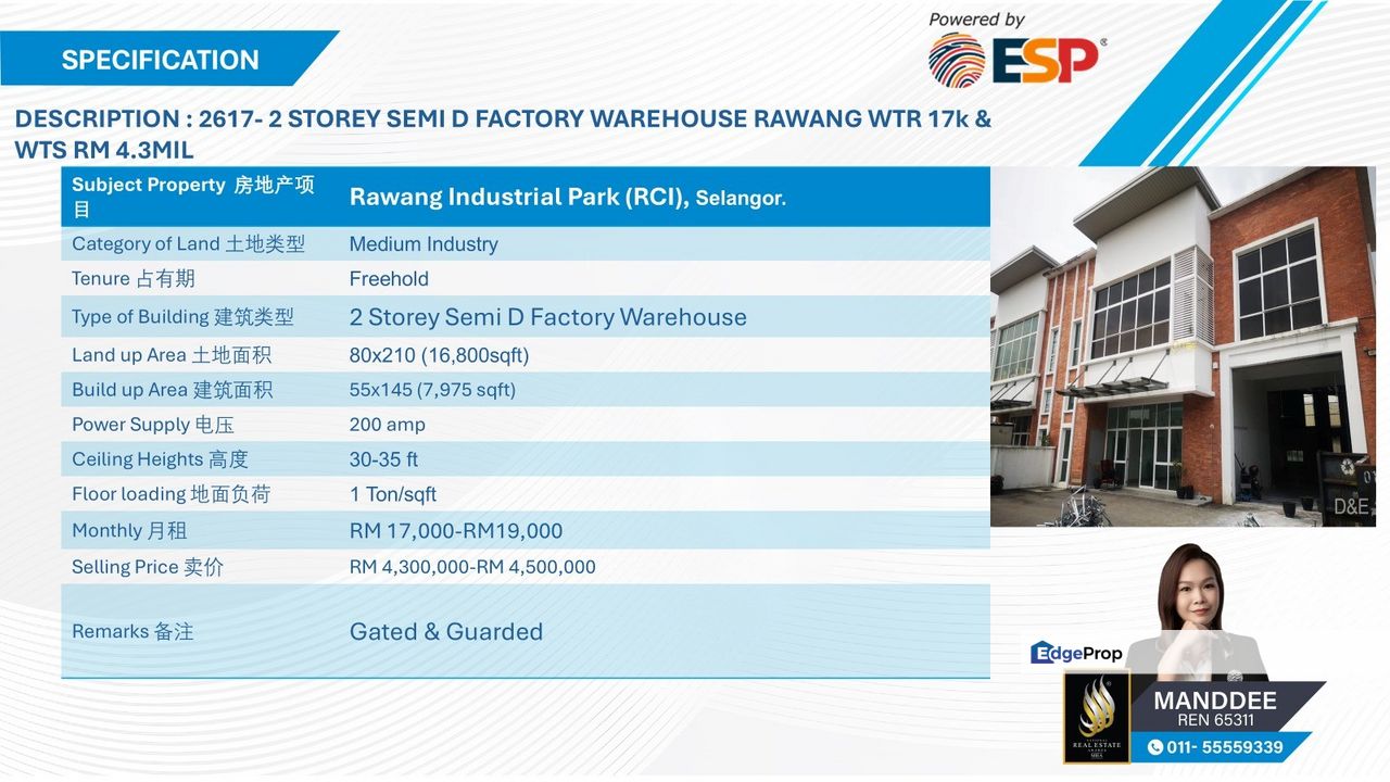 WTS/2 STOREY SEMI-D FACTORY/WAREHOUSE/7,975 SQFT/4.3MIL/RAWANG INDUSTRIAL PARK, Selangor, Rawang