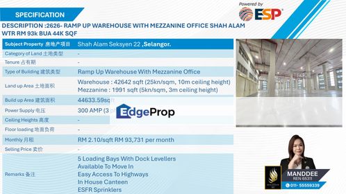 WTR/RUMP UP WAREHOUSE WITH MEZZANINE OFFICE/44,634 SQFT/93,700/SEKSYEN 22/SHAH ALAM, Selangor, Shah Alam