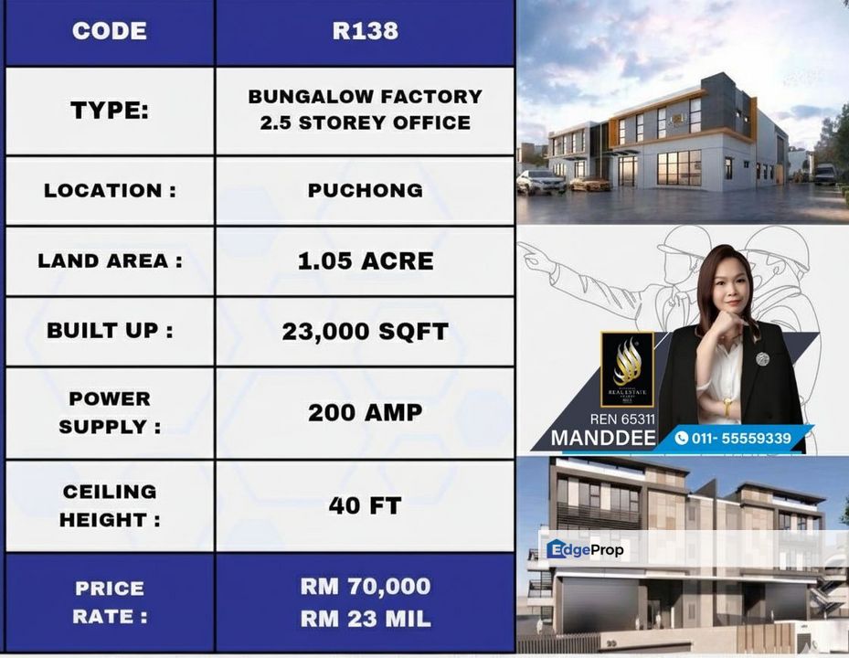 WTS/BUNGALOW FACTORY 2.5 STOREY OFFICE/23K SQFT/23MIL/PUCHONG, Selangor, Puchong