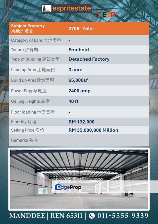 WTR/DETACHED FACTORY/65K SQFT/132K/NILAI/NEGERI SEMBILAN, Negeri Sembilan, Nilai