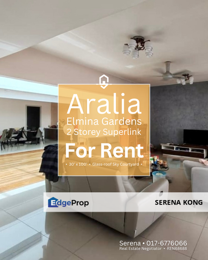 📣 Glass-roof Sky Courtyard Aralia @ Elmina Gardens 2 Storey Superlink House for RENT!, Selangor, Shah Alam