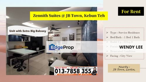 JB Town | Zennith Suites | Renovated | 1 Bed Type | Fully Furnished | Extra Big Balcony | For Rent, Johor, Johor Bahru