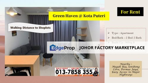 Green Haven | nearby Permas Jaya | Easy Access to Major Highways | 2 Bed Type | Fully Furnished | For Rent, Johor, Masai