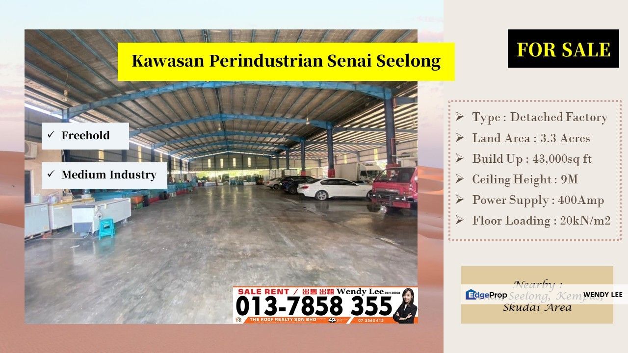 Kawasan Perindustrian Senai Seelong Detached Factory 3.3 Acres Land Build up 43k sf For Sale Freehold, Johor, Senai