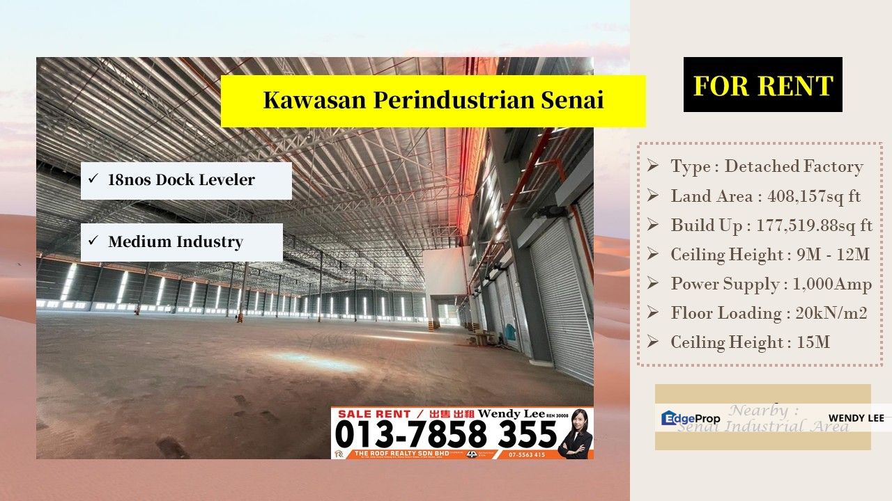 Senai | Build Up 177k sf | Medium Industry | Detached Factory with 9.37Acres Land Area For Rent, Johor, Senai