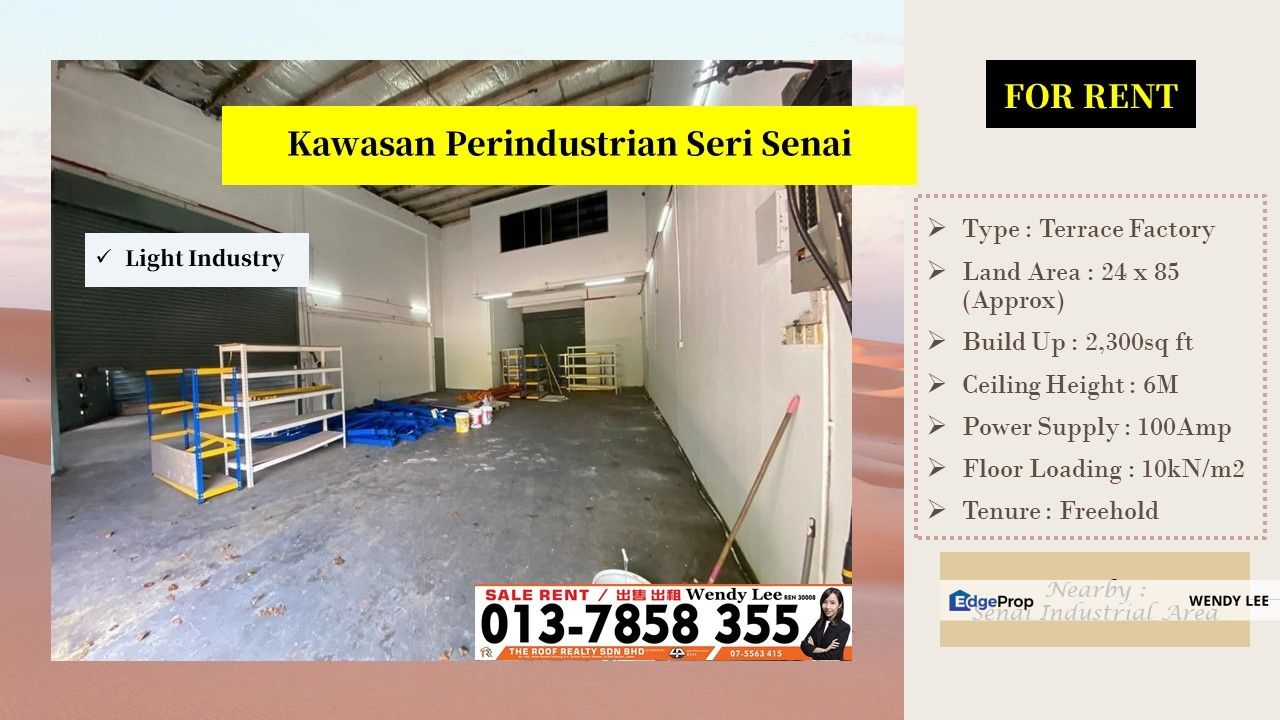 Seri Senai | Terrace Factory | Build Up 2,300sq ft | For Rent, Johor, Senai