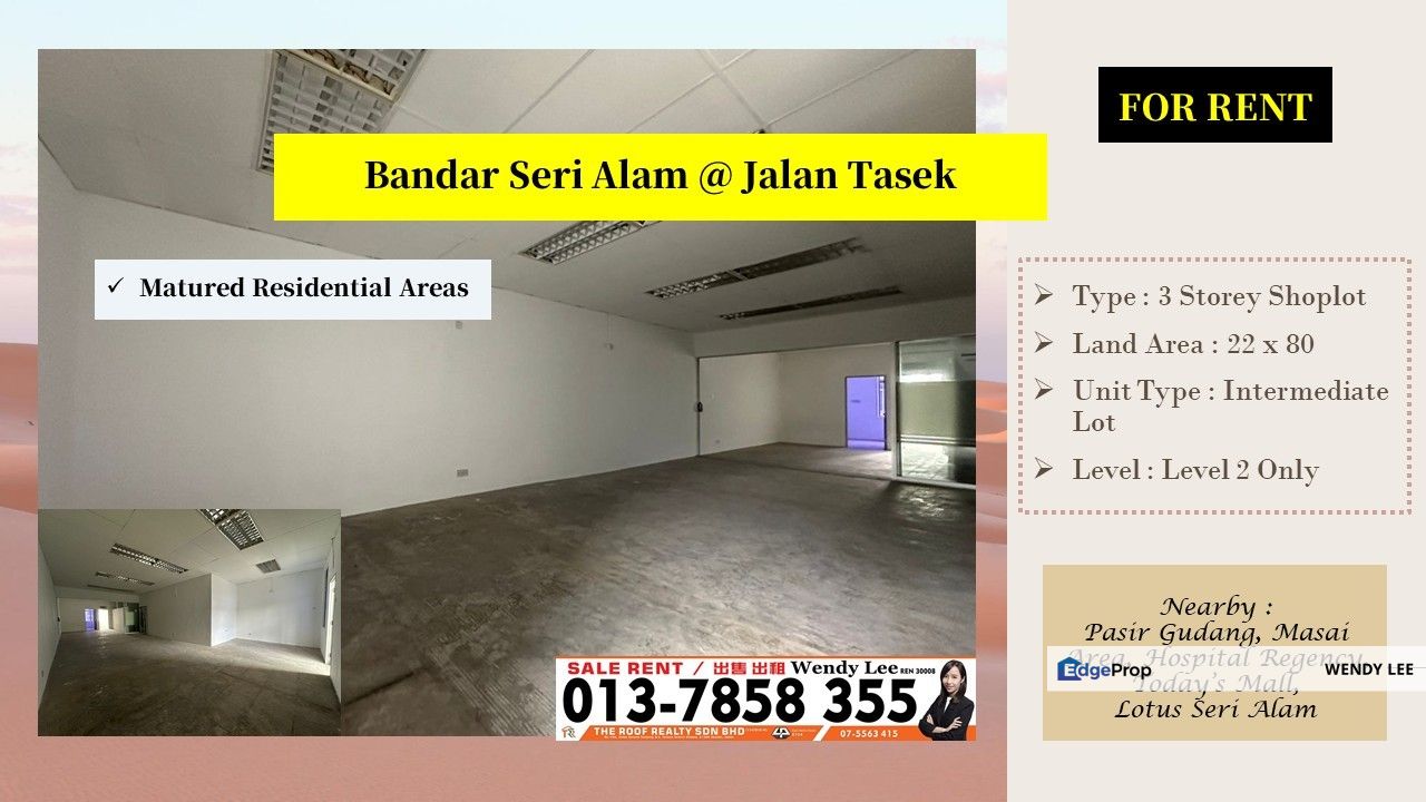 Bandar Seri Alam | Jalan Tasek | Level 2 Shoplot | Matured Residential Area | Shop For Rent, Johor, Masai