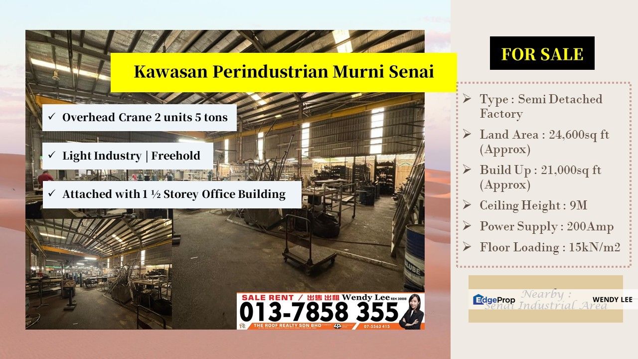 Senai Murni | Build Up 21k sqft | Semi Detached Factory | Overhead Crane | ROI 6% | For Sale, Johor, Senai