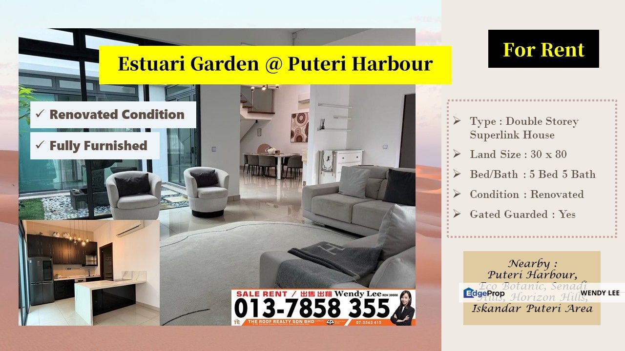 Estuari Garden | Puteri Harbour | Double Storey Superlink House | Renovated | Fully Furnished | Iskandar Puteri For Rent, Johor, Nusajaya