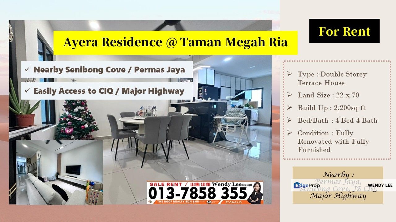 Ayera Residence | Nearby Senibong & Permas Jaya | Fully Renovated Unit | Double Storey Terrace House | For Rent, Johor, Masai