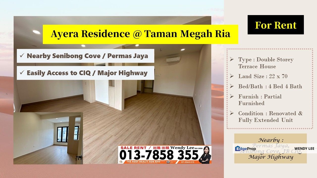 Ayera Residence | Nearby Senibong & Permas Jaya | Renovated & Fully Extended Unit | Double Storey Terrace House | For Rent, Johor, Masai