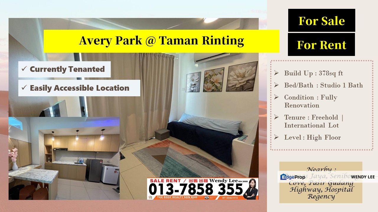 [Sale & Rent] KSL Avery Park | Fully Renovated | Studio Unit | High Floor | Taman Rinting | Masai | For Sale & Rent, Johor, Masai
