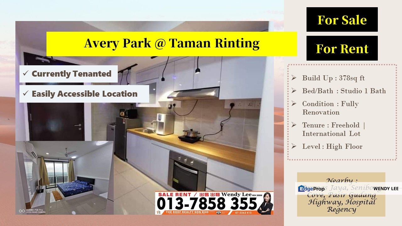 [Sale & Rent] KSL Avery Park | Fully Renovated | Studio Unit | With Dressing Room | High Floor | Taman Rinting | Masai | For Sale & For Rent, Johor, Masai