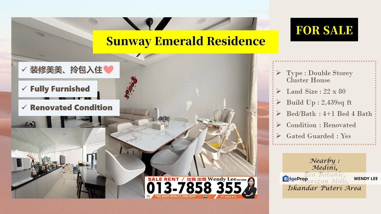 Sunway Emerald 装修美美、拎包入住田字屋 | Sunway Emerald Residence | Renovated & Fully Furnished | Cluster House For Sale, Johor, 