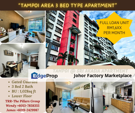 Tampoi Area / FULL LOAN / 3 Bed Apartment / Monthly Instalment Rm1,6xx / Prime Location & Accessibility / Skudai, Johor, Tampoi