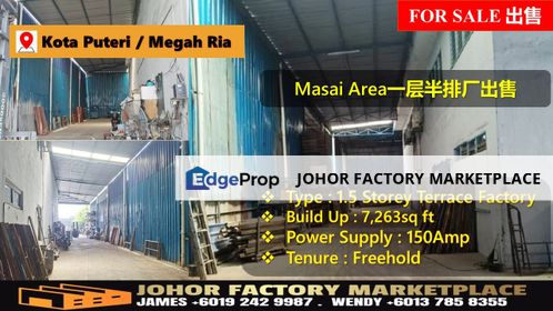 Kota Putri Terrace Factory nearby Permas Jaya, Megah Ria, Masai Area For Sale/Easy Accessibility Location, Johor, Masai