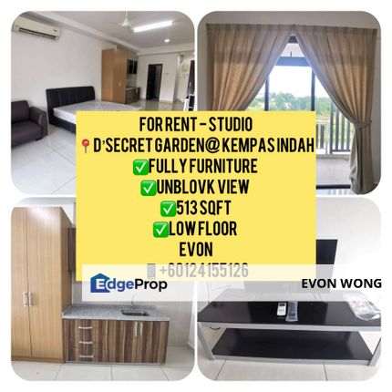 FULLY FURNISHED STUDIO 📍D’SECRET GARDEN @ KEMPAS INDAH ➡️ FOR RENT , Johor, Johor Bahru